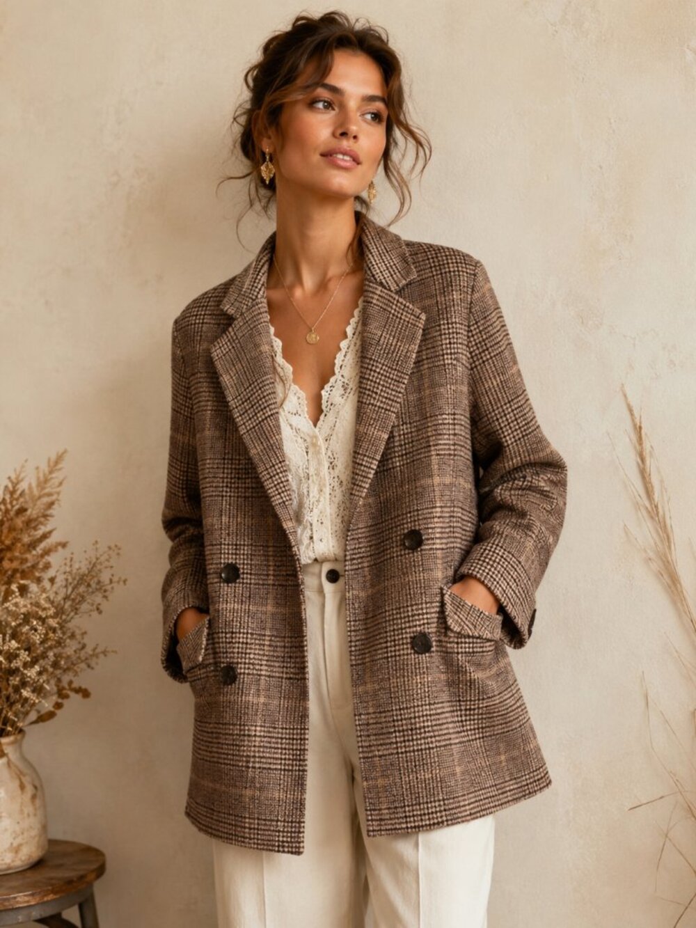 Classic Brown Houndstooth Wool Blazer